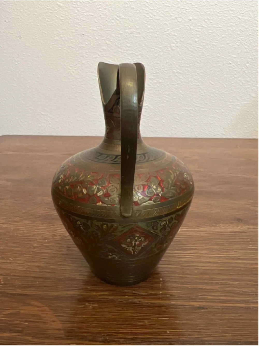Vintage SEW India Brass Ewer 6” Hand Etched Red Enamel Pitcher Vase #119C